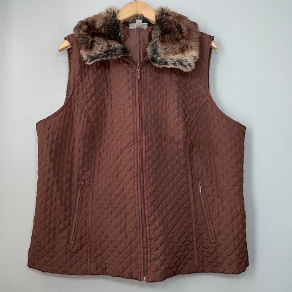 Quilted Vest Plus Size 2X Dark Brown Zip Mob Wife Gilet Removable Fur Collar - Picture 1 of 12